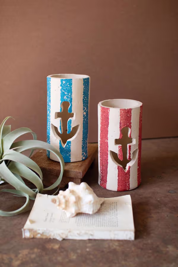 Set of 2 Painted Clay Anchor Luminaries