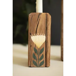 Set of 2 Hand-Painted Recycled Wood Taper Candle Holders 3