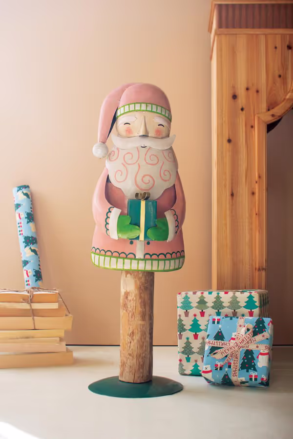 Painted Metal Santa on Wooden Base
