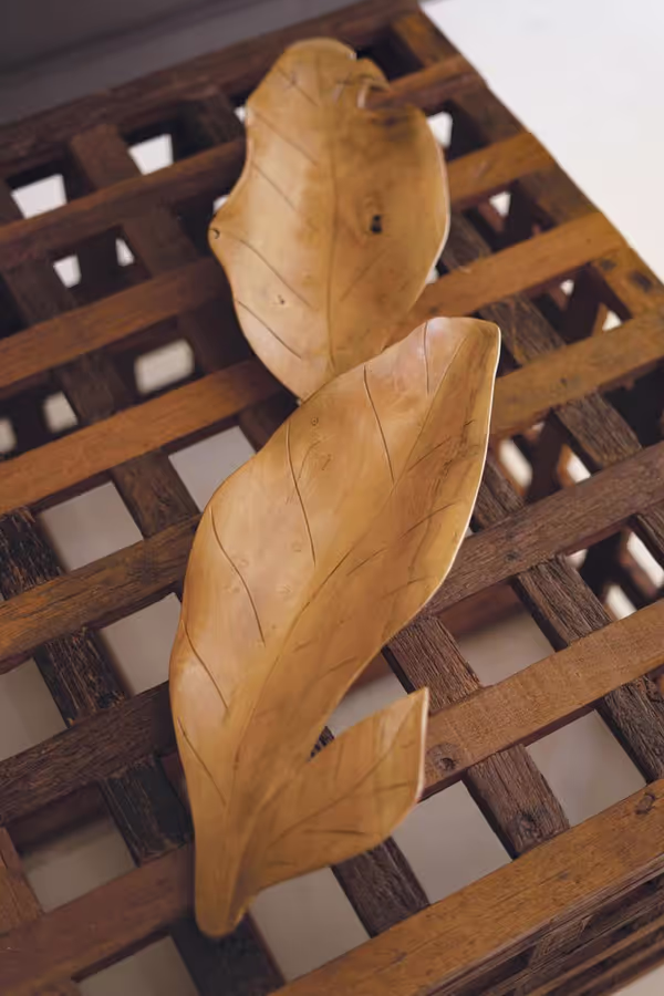 Hand-Carved Teakwood Tabletop Leaves Sculpture