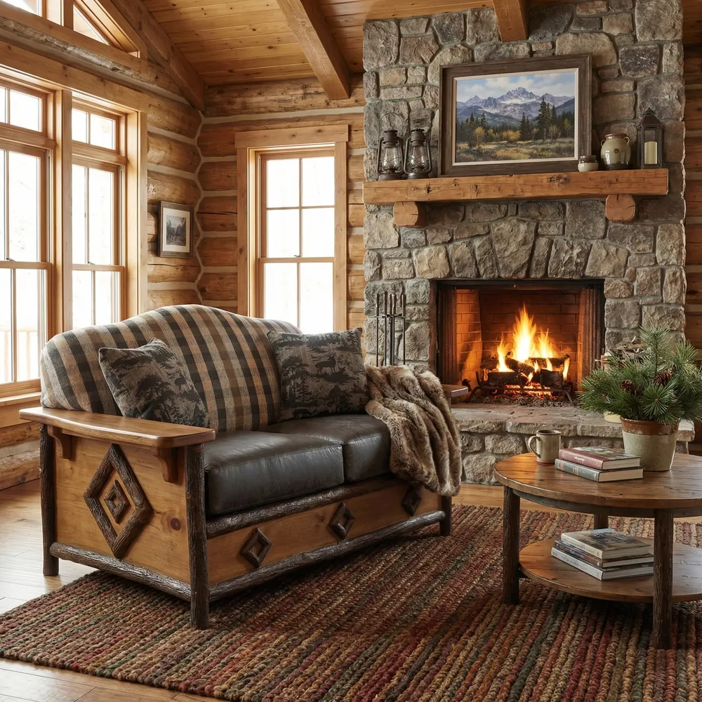 Hickory Log Diamond Peak Loveseat - Upgrade Fabric - Seat:  Fabric TBD;   Backrest:  Fabric TBD