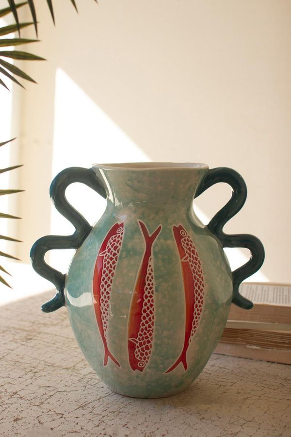 Colorful Ceramic Fish Vase with Squiggle Handles