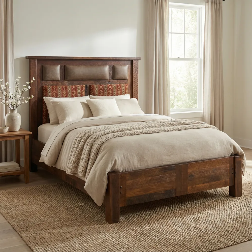 Barnwood Upholstered Bed with Rail System - Cal King - Standard Leather