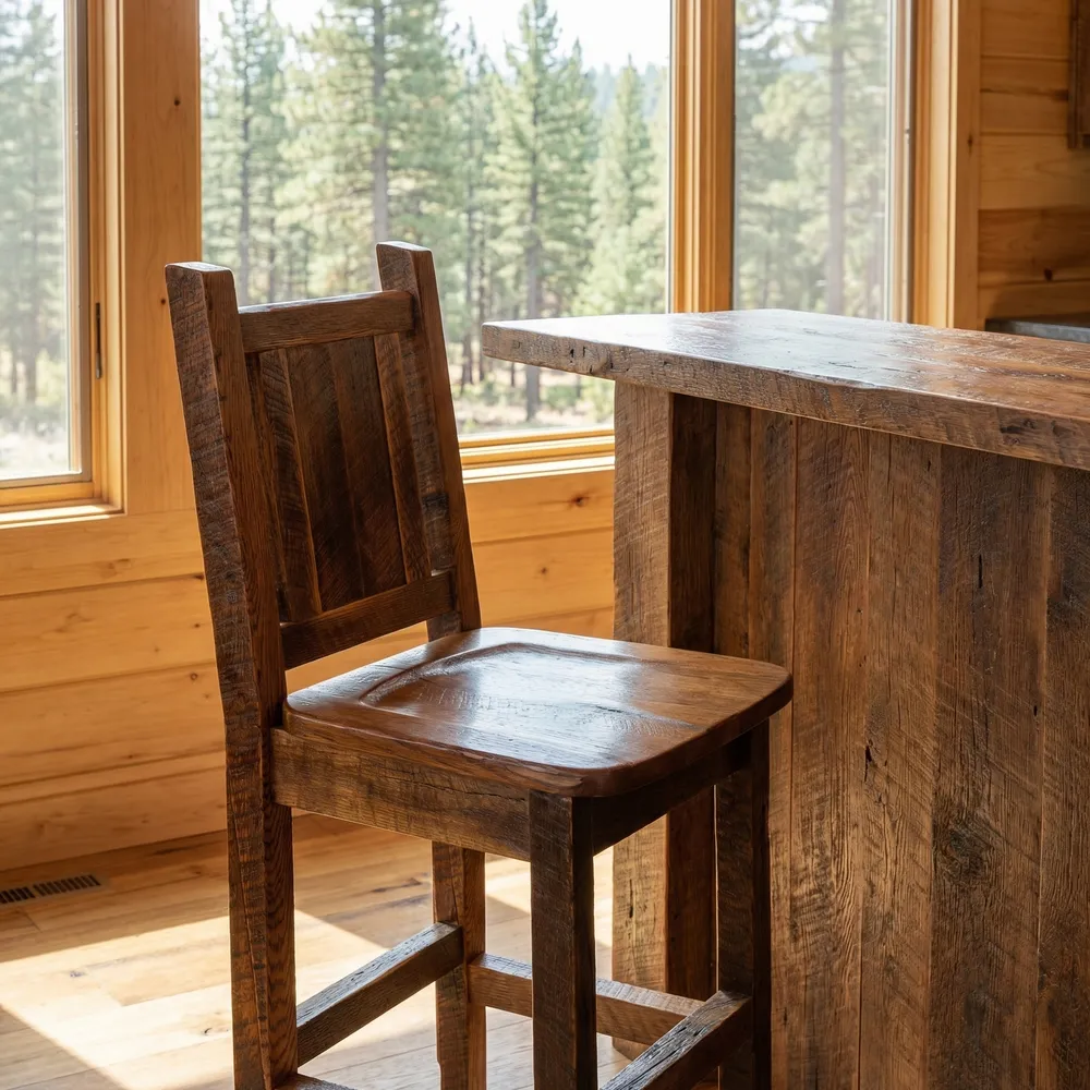 Barnwood Artisan Square Counter Stool with Back - Wood Seat and Back - Antique Oak - Standard