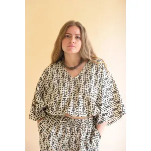 Printed V-Neck Blouse and Drawstring Pant Set 3