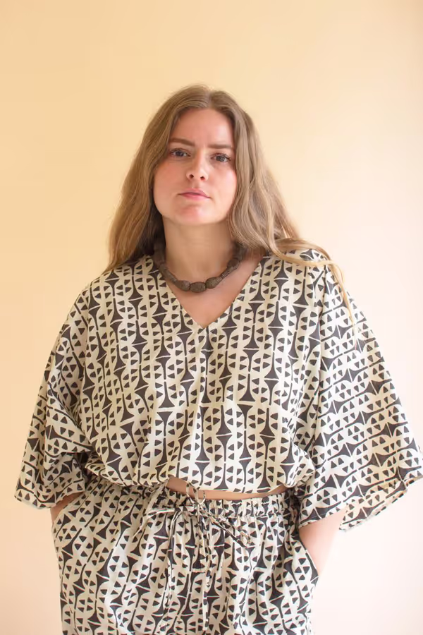 Printed V-Neck Blouse and Drawstring Pant Set