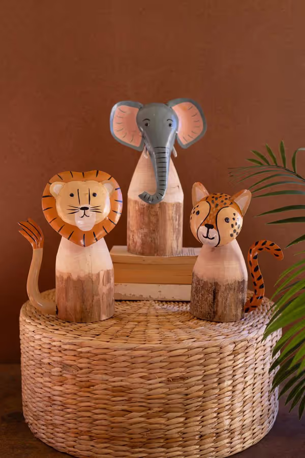 Set of 3 Recycled Wood and Iron Safari Animals