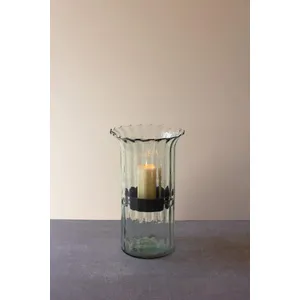 Ribbed Glass Candle Cylinder with Rustic Insert / Medium 1