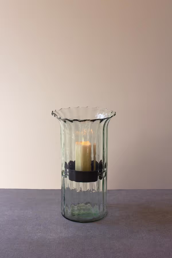 Ribbed Glass Candle Cylinder with Rustic Insert / Medium