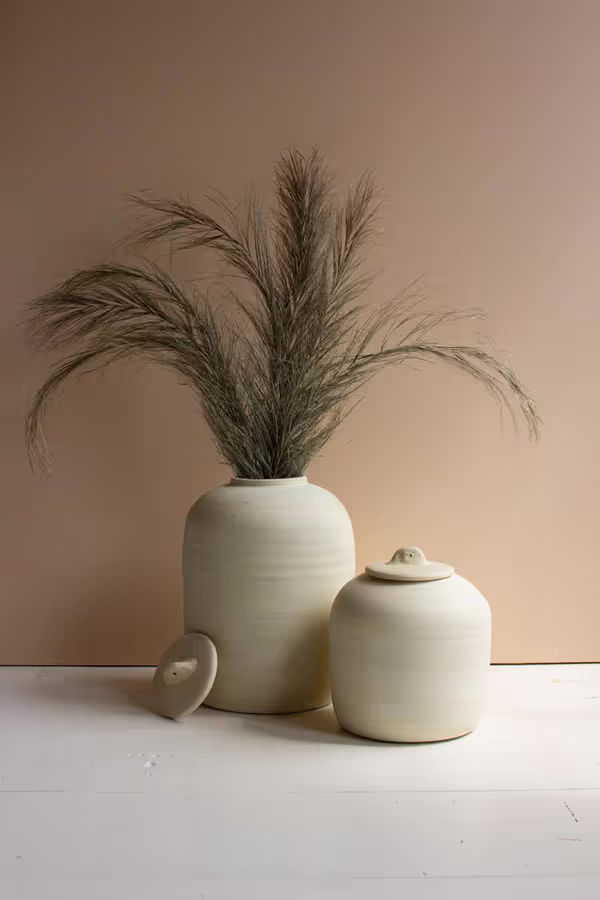 Set of 2 Ivory Ceramic Canisters