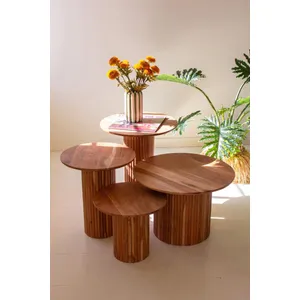 Set of 4 Acacia Wood Accent Tables with Tambour Bases 3