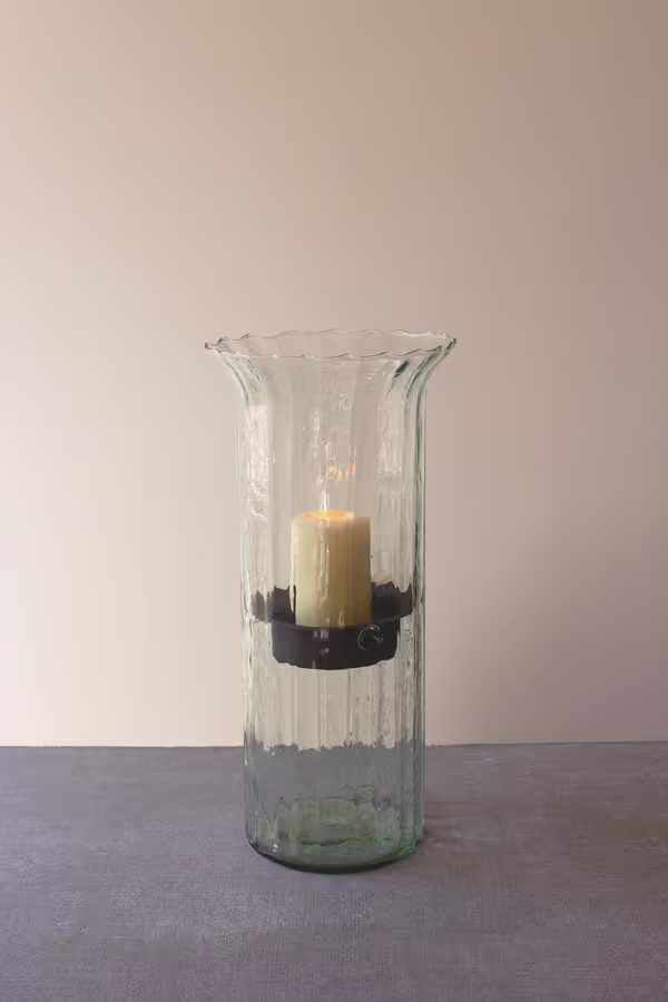 Ribbed Glass Candle Cylinder with Rustic Insert / Large