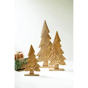 Set of 3 Carved Natural Mango Wood Christmas Trees with Gold Detail 1