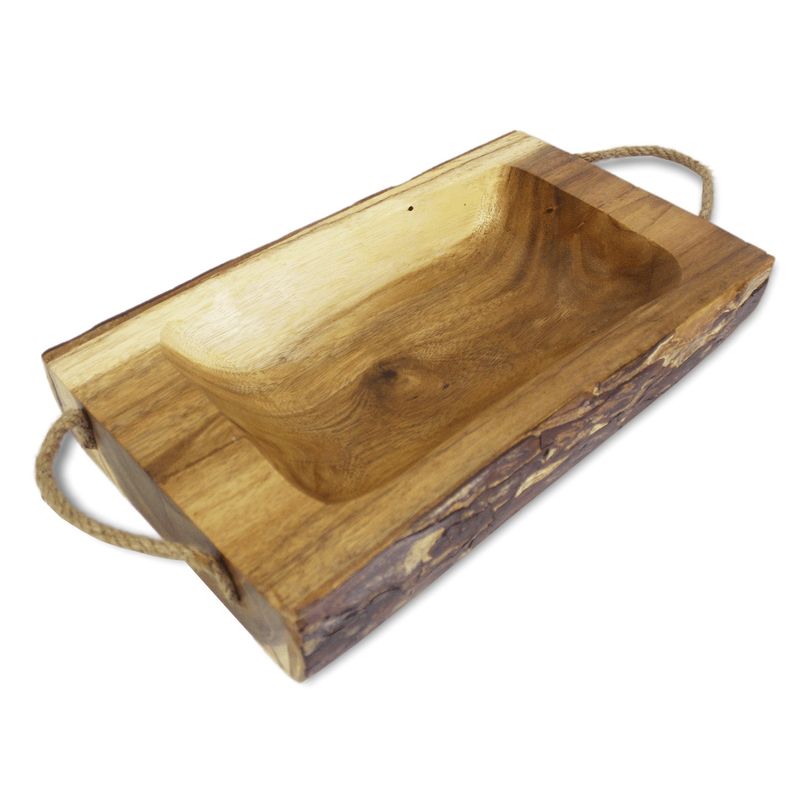 9" x 16" Acacia Wooden Tray with Rope Handles
