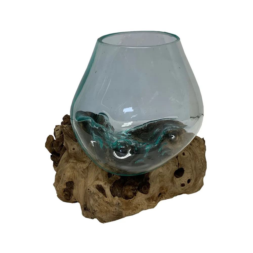 LARGE GLASS BOWL ON DRIFTWOOD