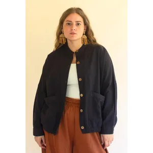 Lightweight Button-Front Bomber Jacket with Front Pockets / Midnight 1
