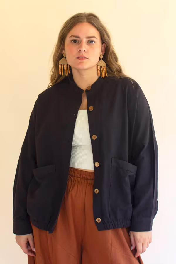 Lightweight Button-Front Bomber Jacket with Front Pockets / Midnight