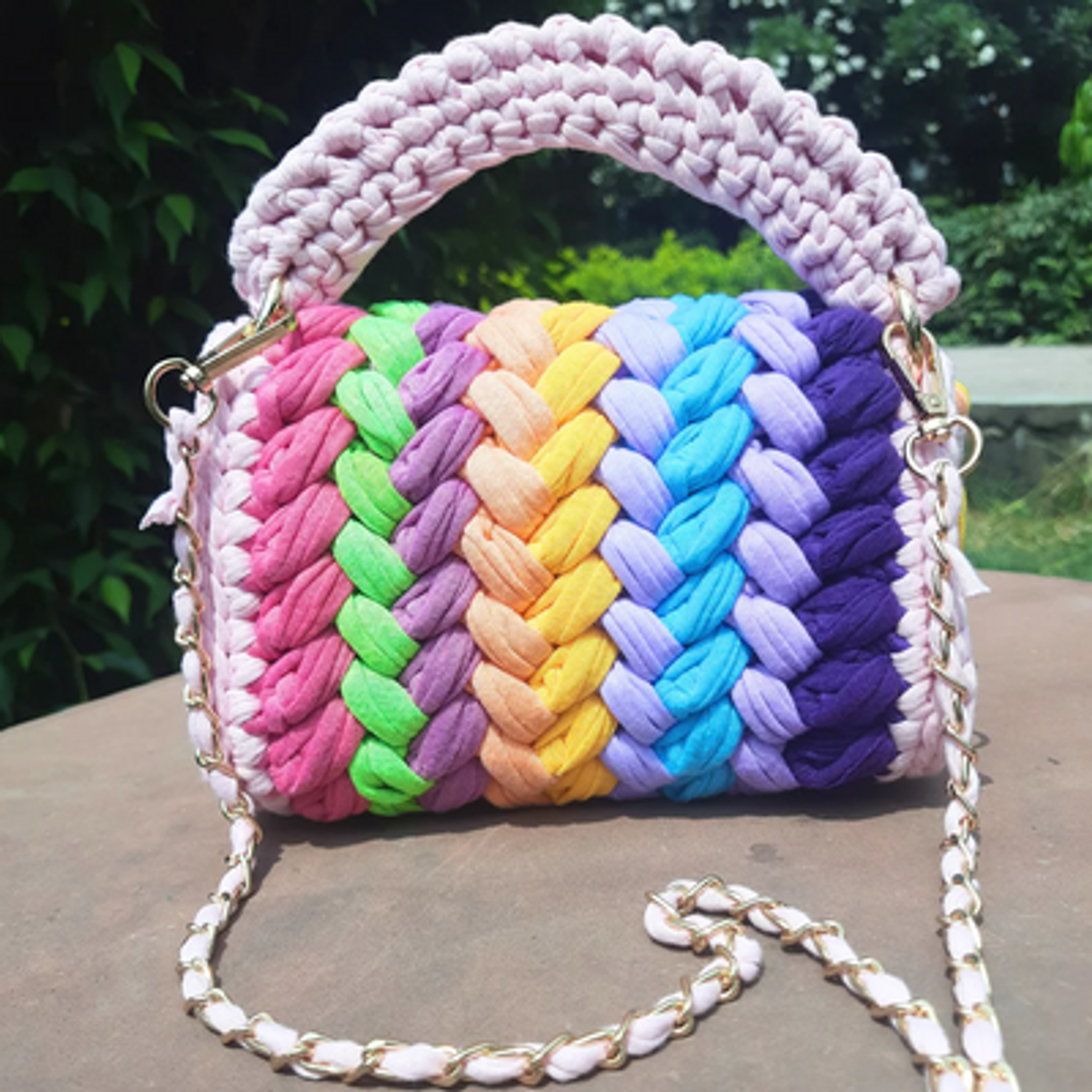 STRIPED HIP BAG W ROPE STRAP & METALLIC GOLD - PINK