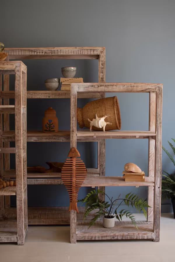 Set of 3 Recycled White-Washed Wood Shelving Units