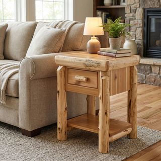 Cedar Log One Drawer End Table with Shelf - Natural