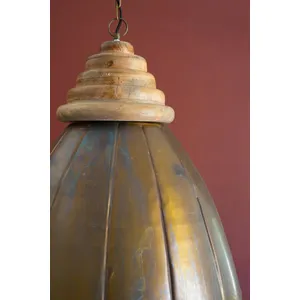 Dome Antique Brass Pendant Light with Wood Detail 2