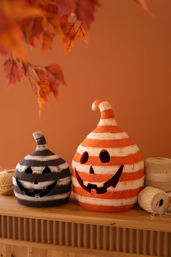 Set of 2 Painted Clay Striped Jack-O-Lanterns