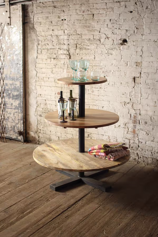 Round Three-Tiered Mango Wood and Iron Display Tower
