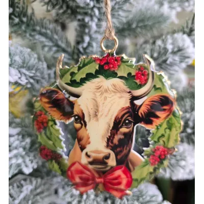 Cow in wreath Ornament 4x4in