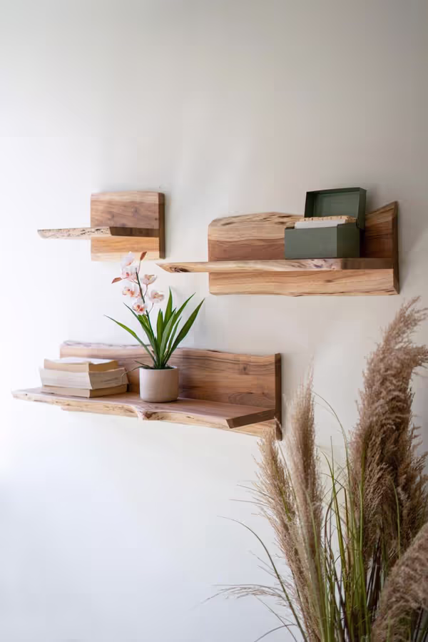 Set of 3 Live-Edge Acacia Wood Floating Shelves