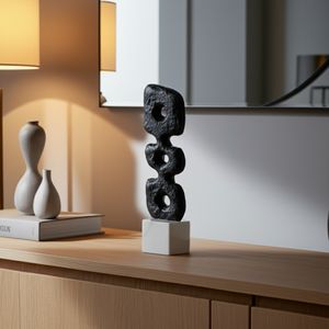 14" ABSTRACT TOTEM SCULPTURE  MARBLE BASE, BLACK/W 2