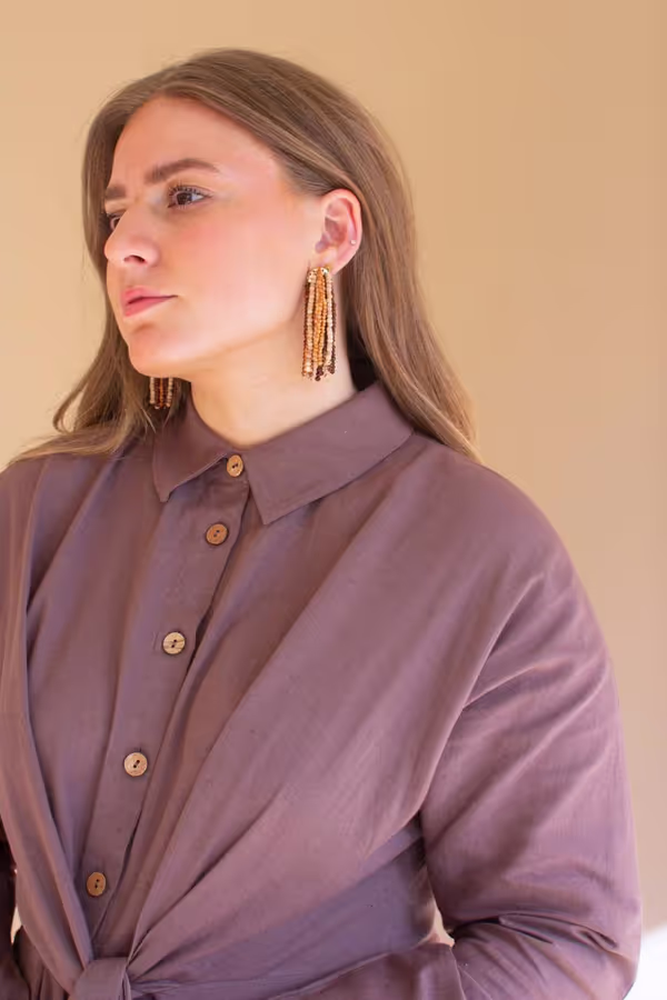 Long-Sleeve Button-Front Dress with Front-Tie Detail / Mulberry
