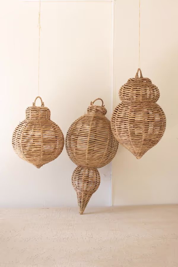 Set of 3 Large Woven Seagrass and Iron Ornaments