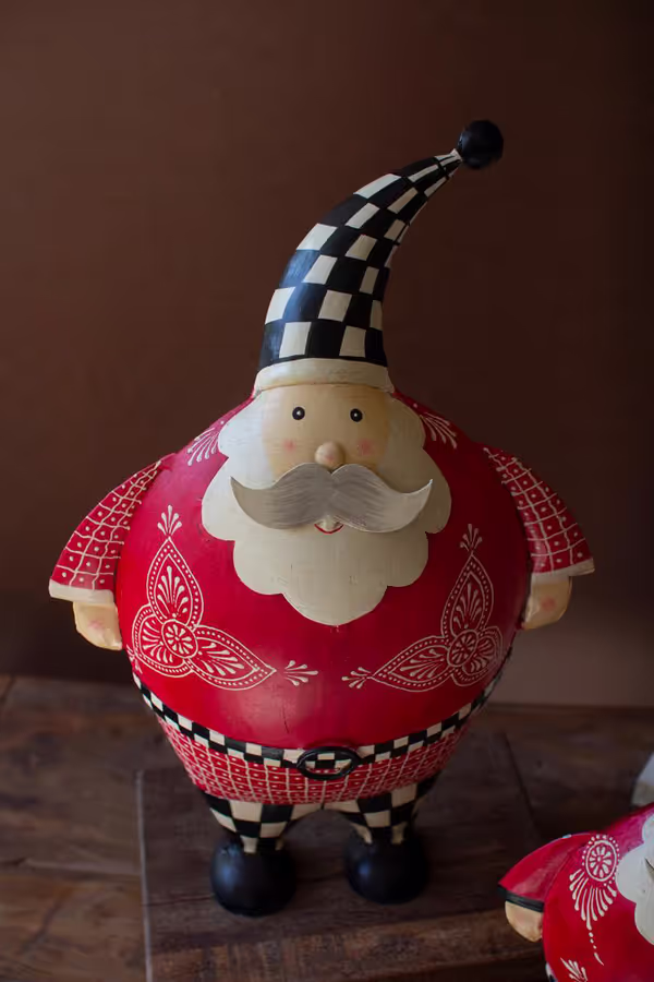 Set of 2 Painted Metal Santas with Checkered Detail