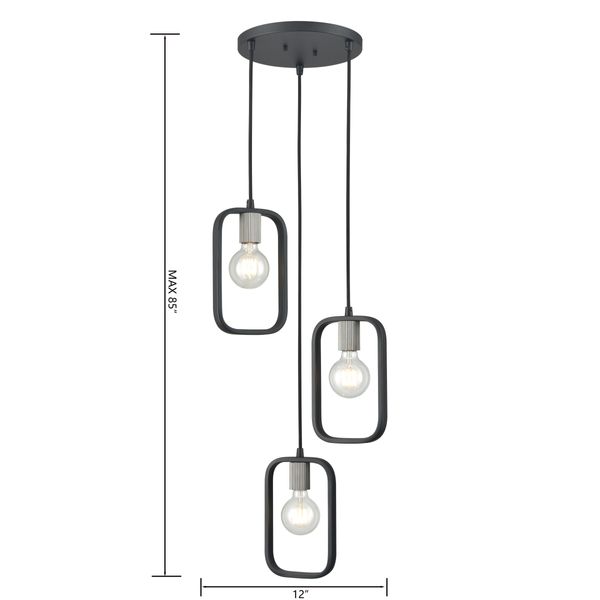 Dylan 12'' Wide 3-Light Chandelier - Matte Black with Nickel Sockets