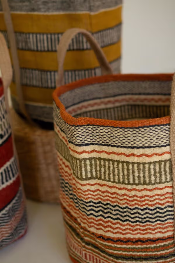 Set of 3 Multi-Colored Woven Jute Baskets with Handles