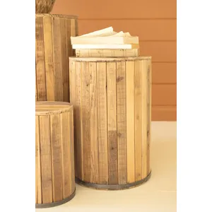 Set of 3 Round Recycled Wood Pedestals with Metal Trim Detail 8