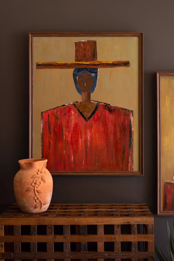Framed Stylized Man in Hat Painting