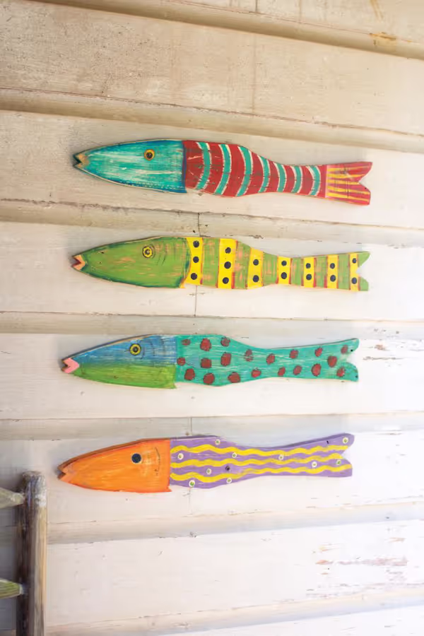 Set of 4 Recycled Wood Folk Art Fish