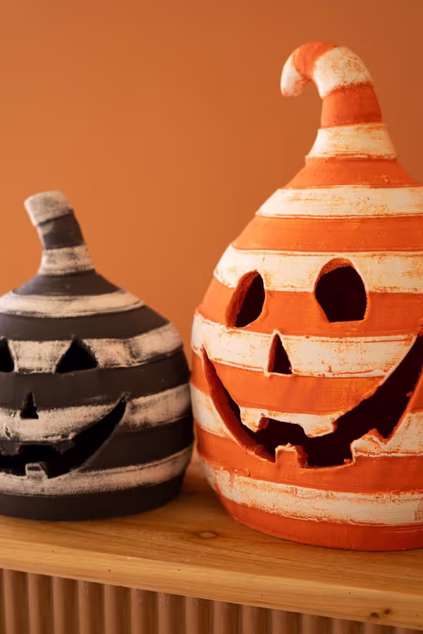 Set of 2 Painted Clay Striped Jack-O-Lanterns