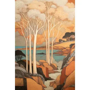 Framed Landscape with White Trees Painting 2
