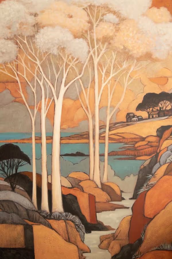 Framed Landscape with White Trees Painting