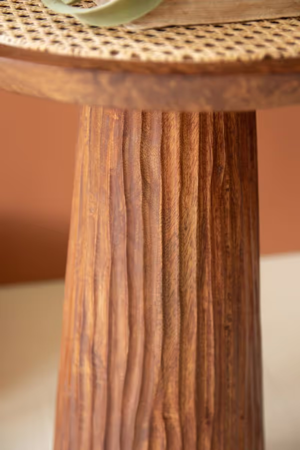 Round Wooden Side Table with Woven Cane Top