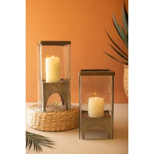 Set of 2 Square Glass Hurricanes with Antique Brass Bases 1
