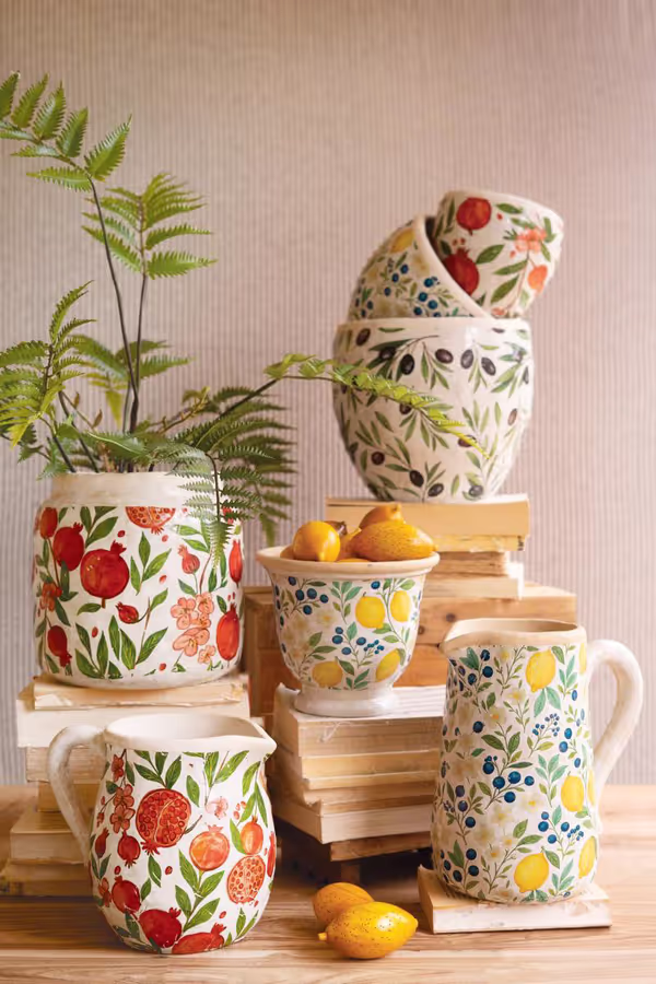 Set of 2 Cement Pitcher and Planter with Pomegranates
