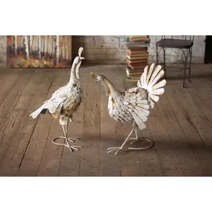 Set of 2 Antique White Metal Turkeys 2