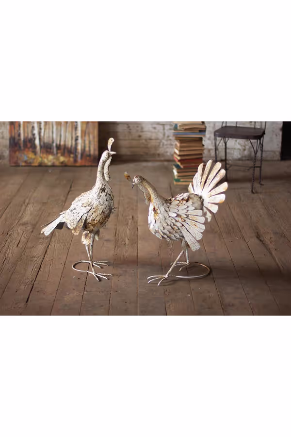 Set of 2 Antique White Metal Turkeys