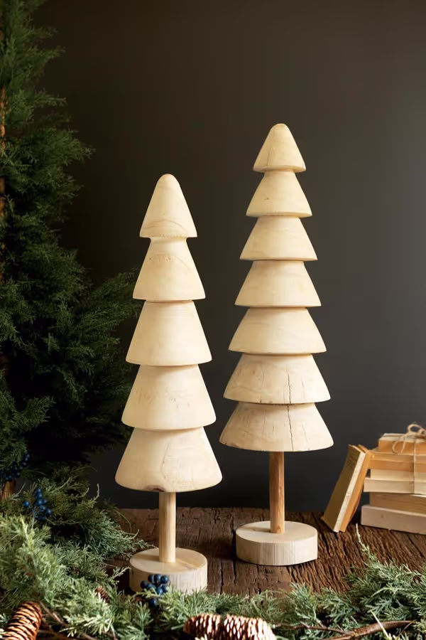Set of 2 Turned Wood Christmas Trees
