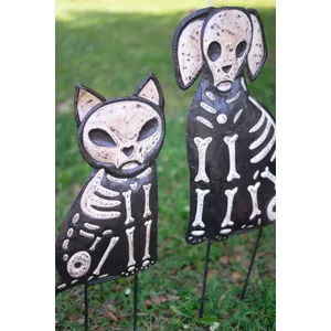 Set of 2 Hand-Hammered Painted Metal Cat and Dog Skeleton Yard Stakes 3