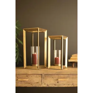 Set of 2 Metal Framed Lanterns with Clear Glass Hurricanes 1