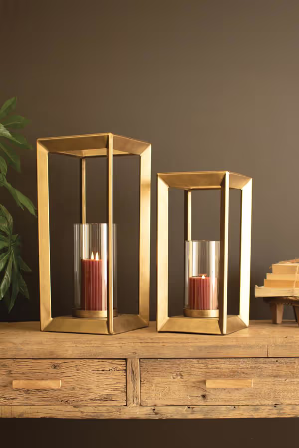 Set of 2 Metal Framed Lanterns with Clear Glass Hurricanes